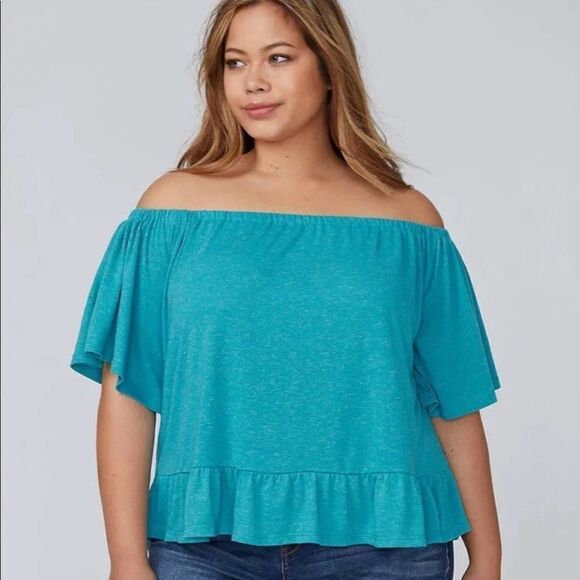 Lane Bryant Off The Shoulder Ruffle‎ Top Blue 26/28 - Picture 1 of 10